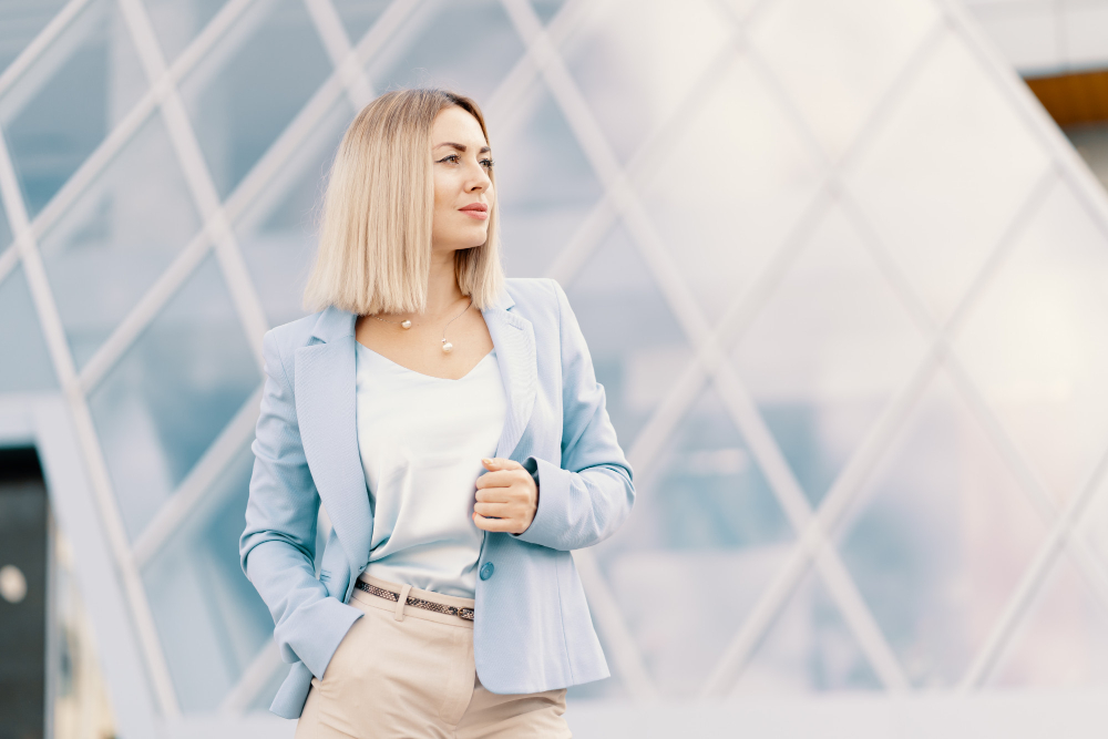 a businesswoman in front of a glass building